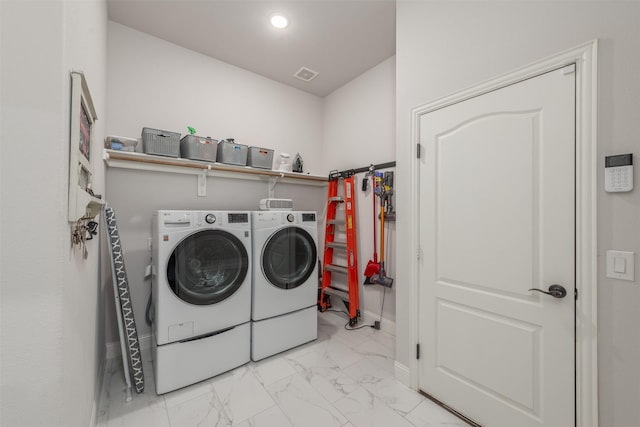 laundry room featuring recessed lighting, laundry area, visible vents, marble finish floor, and independent washer and dryer