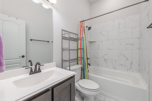 full bath with shower / bath combo, vanity, and toilet