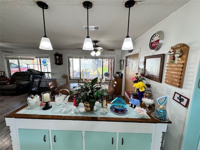 kitchen with hanging light fixtures, ceiling fan, and a wealth of natural light