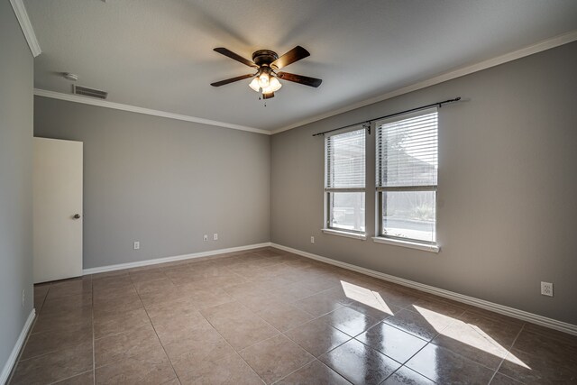 tiled bedroom with ceiling fan and crown molding