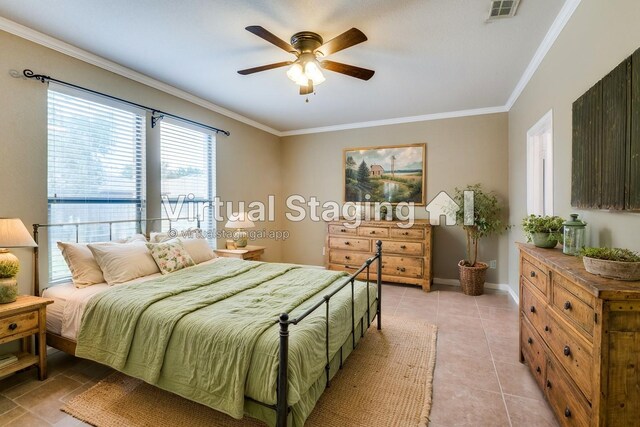 tiled empty room with crown molding and ceiling fan