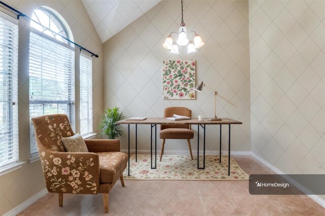 tiled empty room featuring a towering ceiling, french doors, and an inviting chandelier