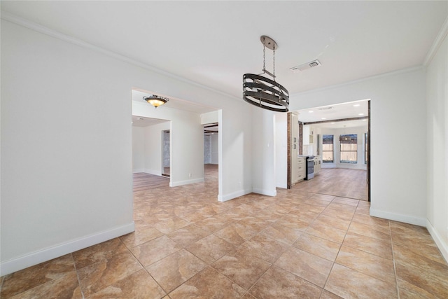 unfurnished dining area with an inviting chandelier, french doors, ornamental molding, and light tile patterned floors