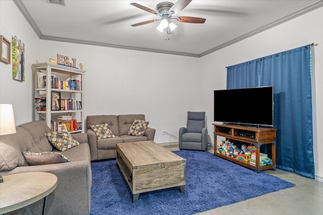 carpeted living room featuring ornamental molding and ceiling fan