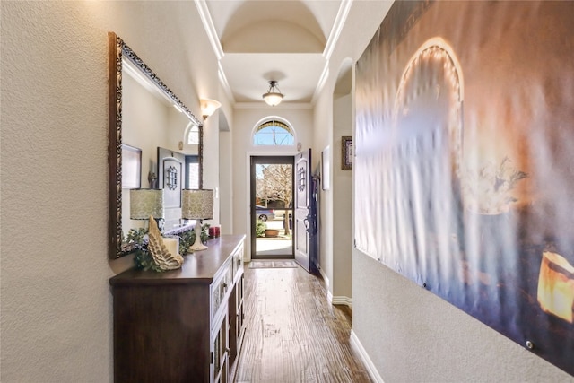 corridor with dark hardwood / wood-style floors and crown molding