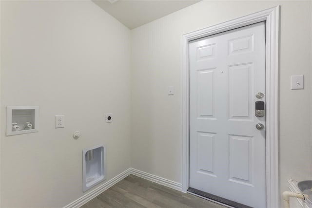 washroom with hookup for a gas dryer, hookup for an electric dryer, dark hardwood / wood-style floors, and washer hookup