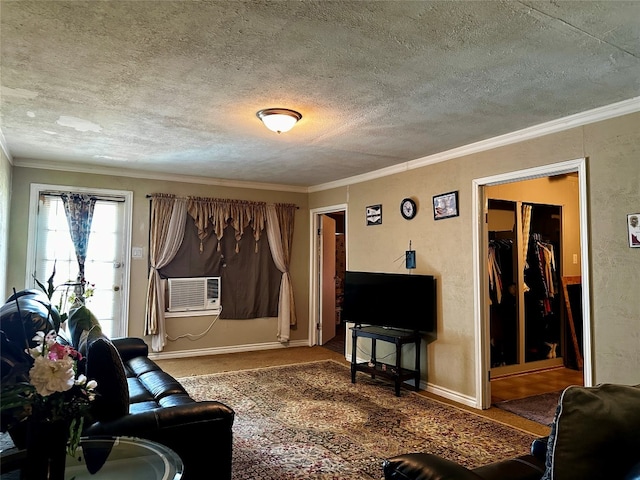 living room featuring crown molding and a textured ceiling