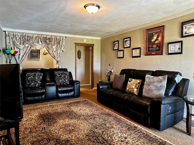 living room featuring a textured ceiling, carpet floors, and ornamental molding