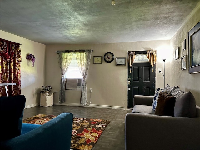 living room featuring dark parquet floors