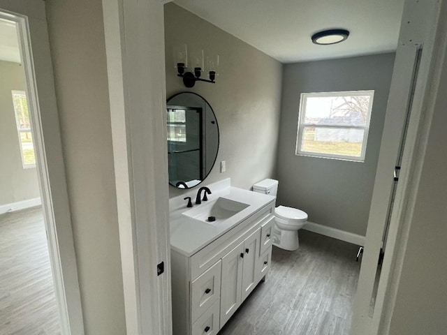 bathroom featuring wood-type flooring, toilet, and large vanity