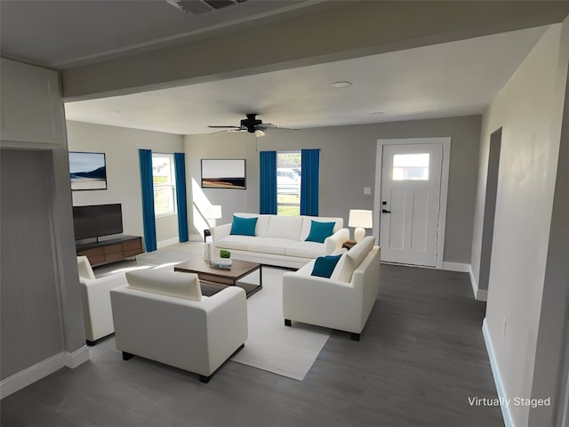 living room with ceiling fan and dark wood-type flooring