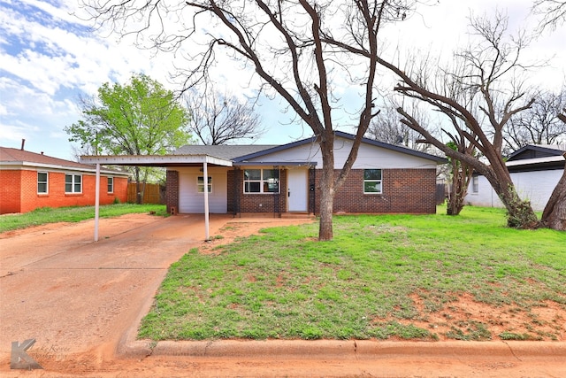 ranch-style home with a front yard and a carport