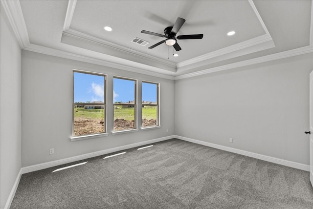 carpeted empty room with ornamental molding, ceiling fan, and a raised ceiling