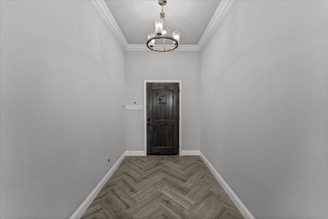 doorway with dark parquet flooring, crown molding, and a notable chandelier