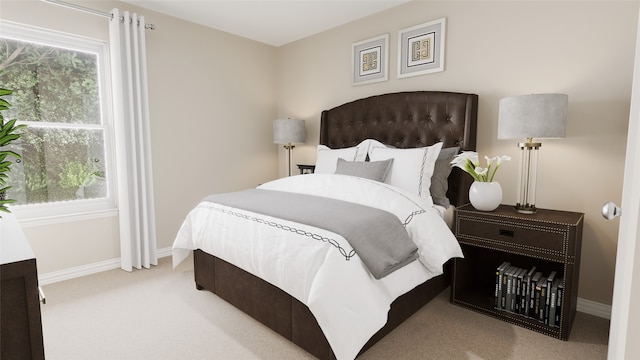 bedroom with light colored carpet