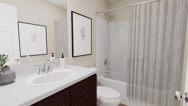 full bathroom with vanity, shower / tub combo with curtain, and toilet