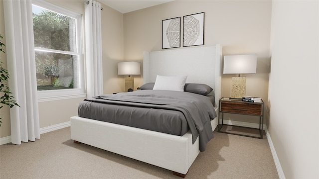 bedroom featuring light colored carpet