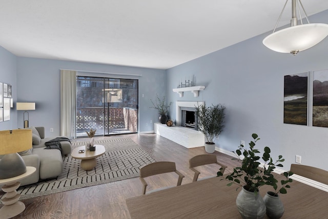 living room featuring wood-type flooring and a fireplace