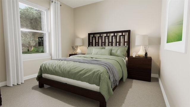 bedroom with light colored carpet