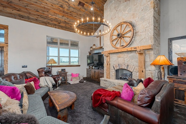 living room featuring wood ceiling, a notable chandelier, and a stone fireplace