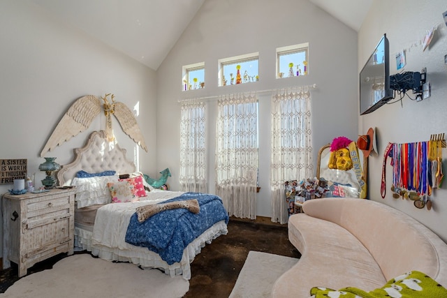 bedroom with high vaulted ceiling and radiator