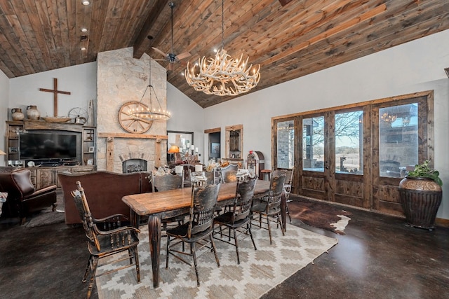 dining area with lofted ceiling, a fireplace, wood ceiling, and a chandelier