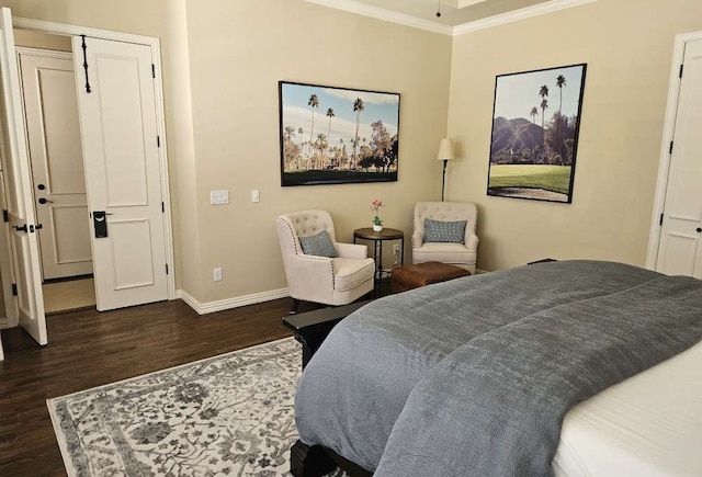 bedroom with a closet, crown molding, and dark wood-type flooring