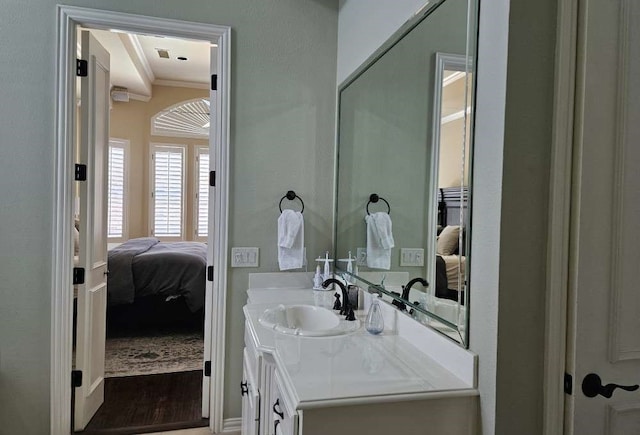 bathroom featuring crown molding, vanity, and hardwood / wood-style floors