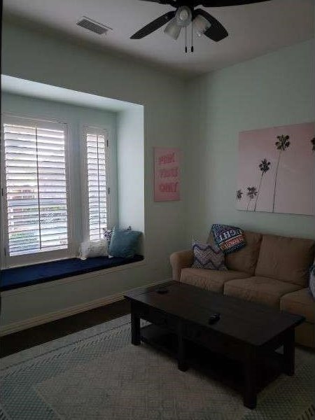 living room featuring ceiling fan