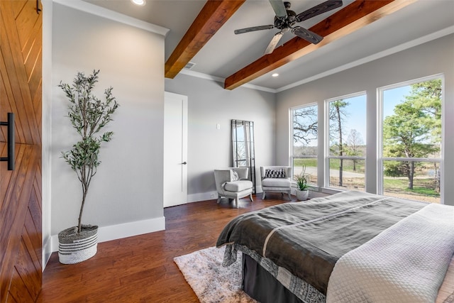 bedroom with beam ceiling, crown molding, dark wood-type flooring, and ceiling fan