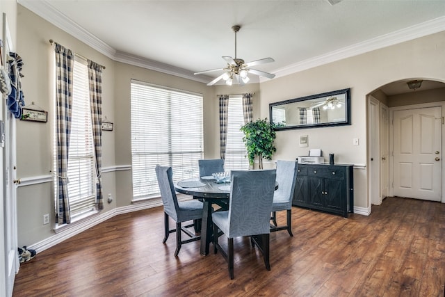 dining room featuring ceiling fan, crown molding, and dark hardwood / wood-style floors