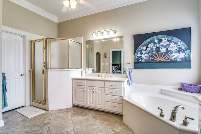 bathroom featuring ceiling fan, separate shower and tub, tile floors, and oversized vanity