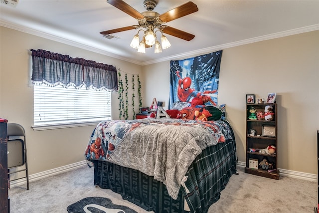 bedroom with light carpet, ceiling fan, and ornamental molding