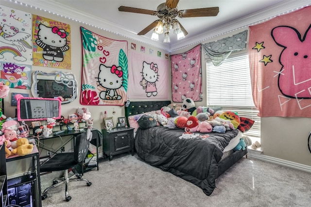 bedroom with crown molding, ceiling fan, and light colored carpet