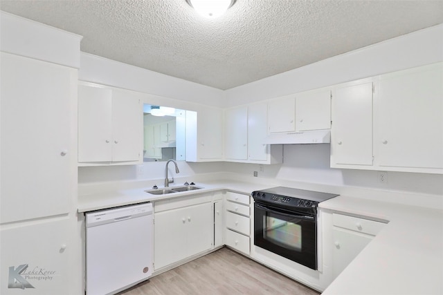 kitchen featuring light hardwood / wood-style floors, dishwasher, sink, black / electric stove, and white cabinets