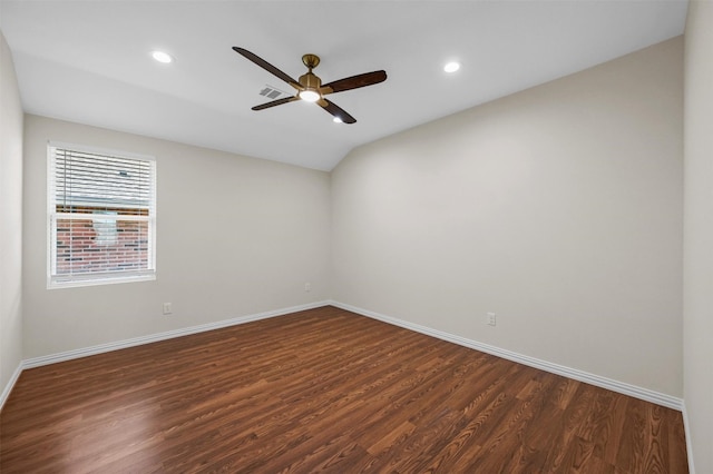 unfurnished room with ceiling fan and dark hardwood / wood-style floors