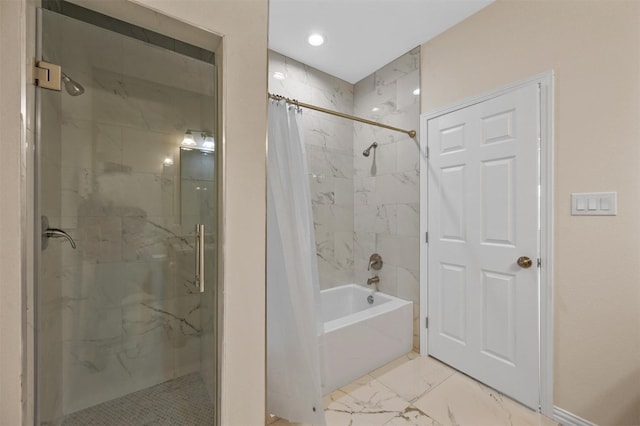 bathroom featuring tile flooring and shower / bathtub combination with curtain