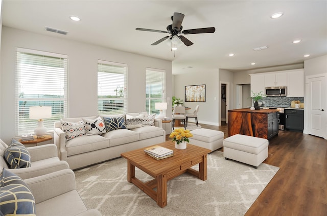 living room featuring ceiling fan and wood-type flooring