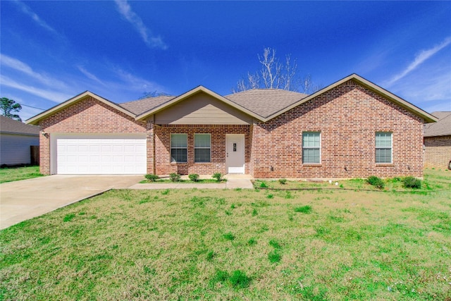 ranch-style home with a front lawn and a garage