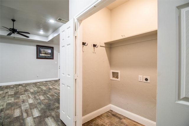 laundry area featuring washer hookup, hookup for an electric dryer, ceiling fan, and dark wood-type flooring