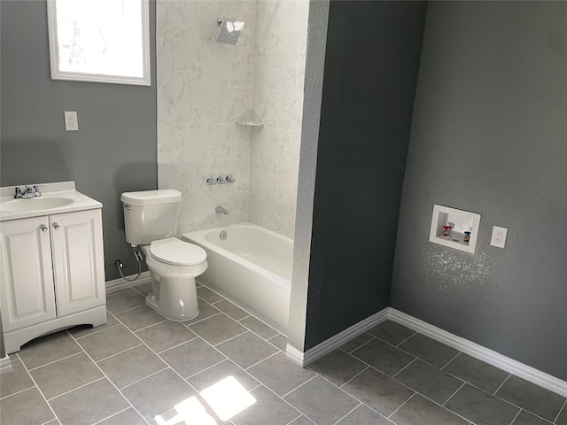 full bathroom featuring toilet, vanity, tiled shower / bath, and tile flooring