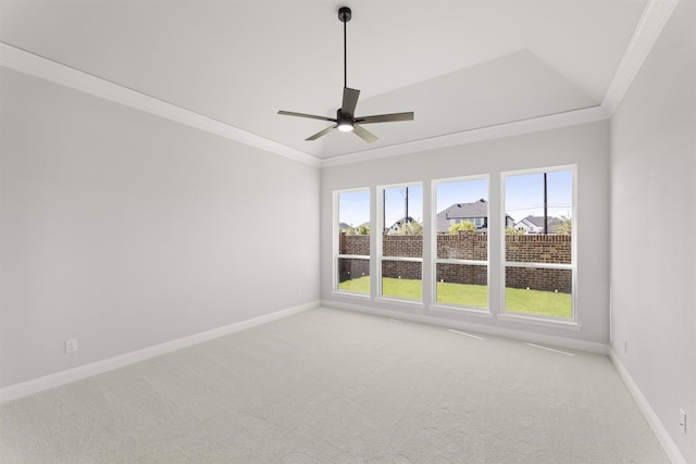 unfurnished room featuring carpet flooring, ceiling fan, and crown molding