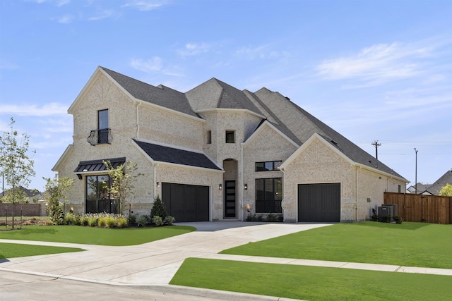 french country home with central AC unit, a garage, and a front yard