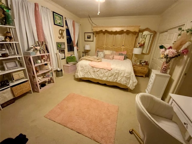 carpeted bedroom featuring ornamental molding