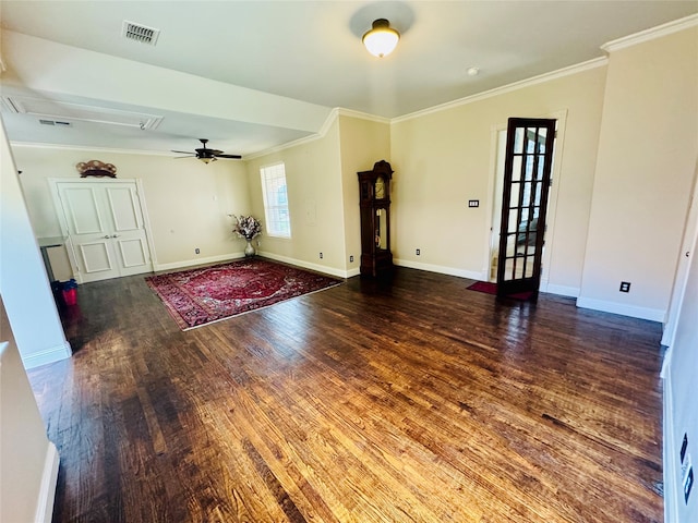 unfurnished room with hardwood / wood-style floors, ceiling fan, french doors, and ornamental molding