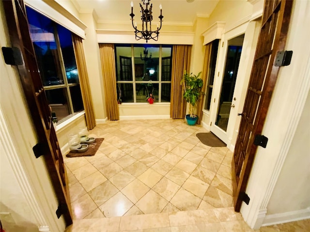 hallway featuring french doors, light tile flooring, and a chandelier