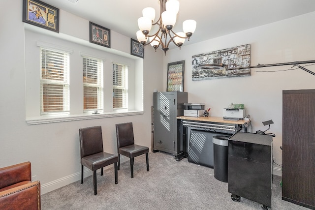 office space with light colored carpet and a notable chandelier