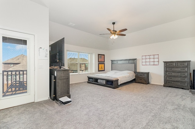 bedroom with ceiling fan, carpet flooring, and access to outside