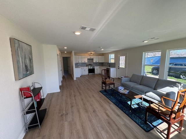 living room with light hardwood / wood-style floors and sink