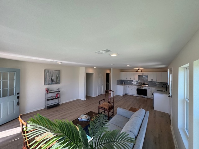 living room featuring dark wood-type flooring and sink